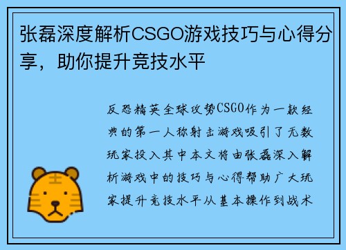 张磊深度解析CSGO游戏技巧与心得分享，助你提升竞技水平